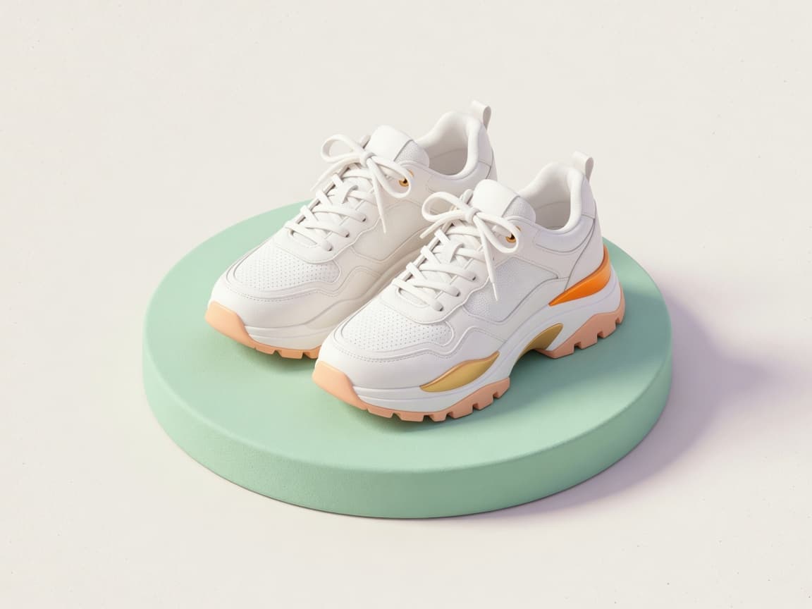 White trainers on a pale green display